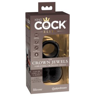 King Cock Elite Crown Jewels - lengőhere, rezgő péniszgyűrű fekete