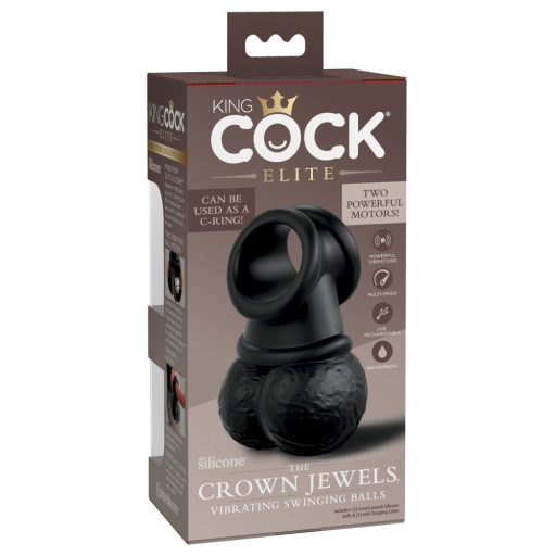 King Cock Elite Crown Jewels - lengőhere, rezgő péniszgyűrű fekete