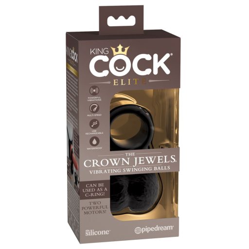 King Cock Elite Crown Jewels - lengőhere, rezgő péniszgyűrű fekete