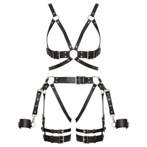ZADO - többrészes bőr harness szett bilinccsel (fekete)