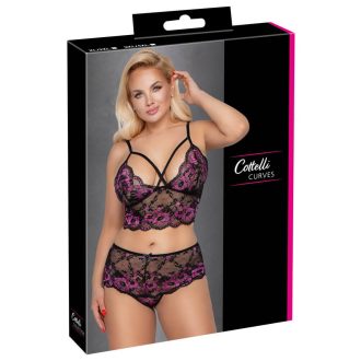 Cottelli Plus Size - virágos melltartó szett fekete-lila