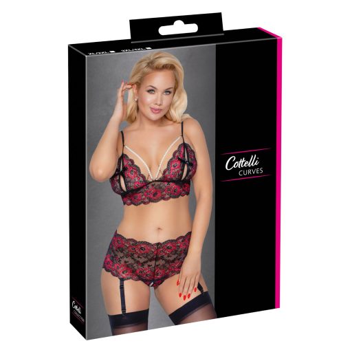 / Cottelli Curves - virágos, nyitott melltartó szett (fekete)