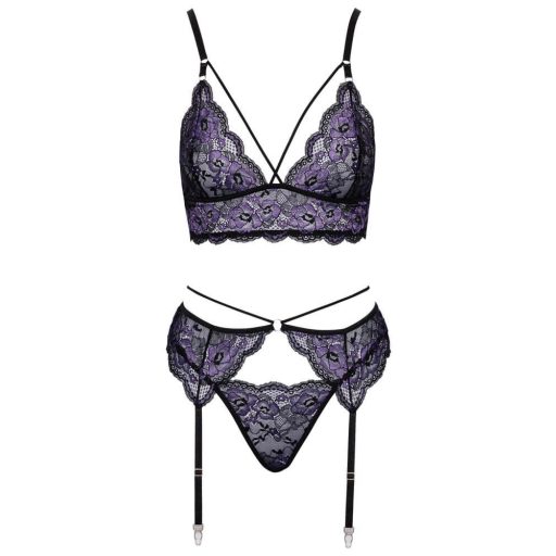 Cottelli - 3 részes csipke fehérnemű szett (fekete-viola)