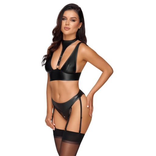 Cottelli Bondage - fényes melltartó szett kézrögzítőkkel fekete