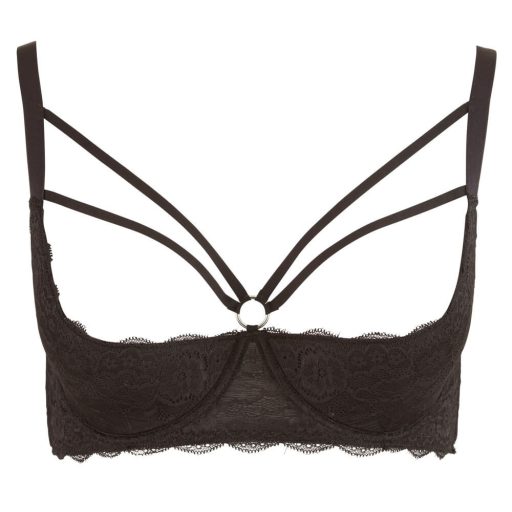 Cottelli Plus Size - pántos, gyűrűs push-up melltartó (fekete)