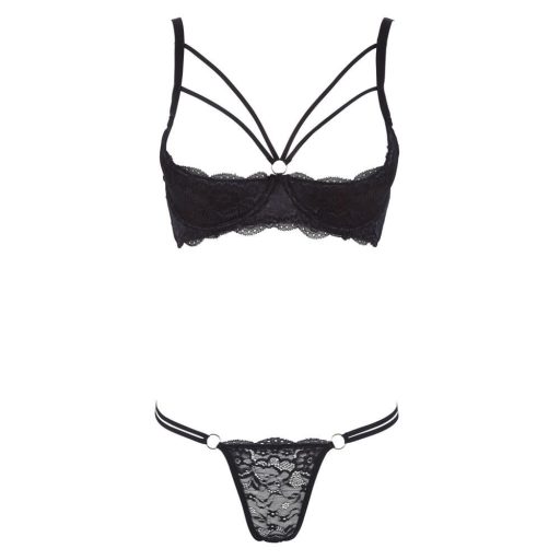 Cottelli - pántos, gyűrűs push-up melltartó és tanga (fekete)