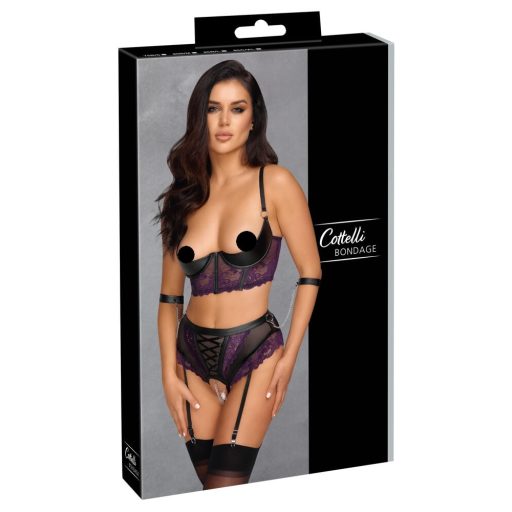 Cottelli Bondage - melltartó és karbilincs szett nőknek (fekete-lila)