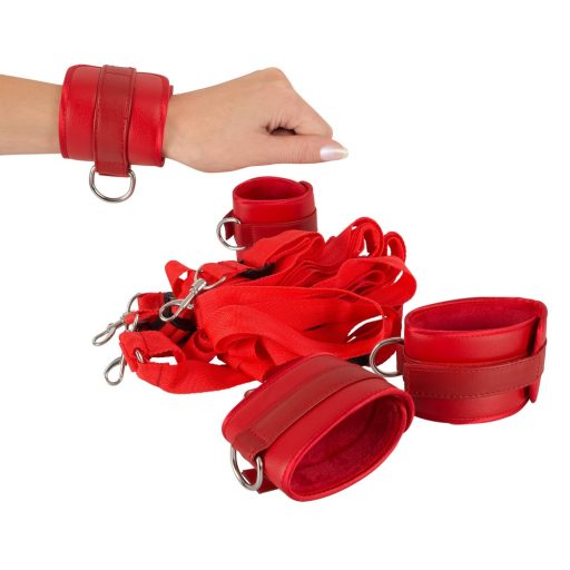 Bad Kitty - tépőzáras, műbőr ágyhoz kötöző szett piros