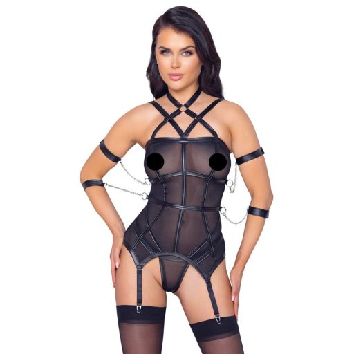 Cottelli Bondage - pántos felső, kar bilincs és tanga (fekete)