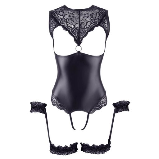 Cottelli Bondage - fényes nyitott body és kar bilincs (fekete)