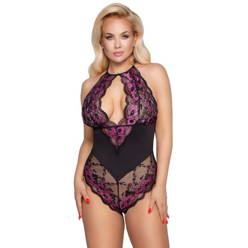 / Cottelli Plus Size - virágos body (fekete-lila)