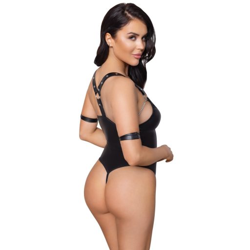 Cottelli Bondage - fényes, gyűrűs, nyitott body (fekete)