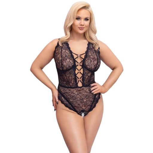 Cottelli Curves Plus Size - áttetsző mintás body fekete