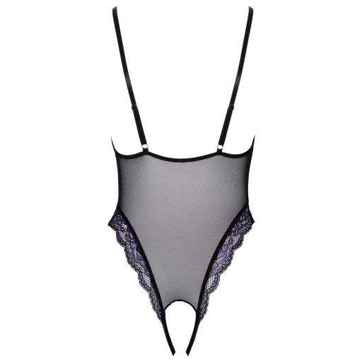 Cottelli - hímzett, nyitott csipke body fekete-lila