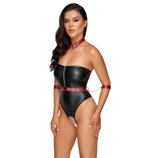 Cottelli Bondage - fényes body karrögzítőkkel fekete-piros