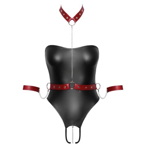 Cottelli Bondage - fényes body + kar- és nyakrögzítő (fekete)
