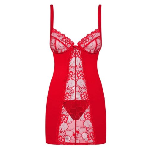 Obsessive Heartina - virágos, szíves díszes hálóruha tangával piros