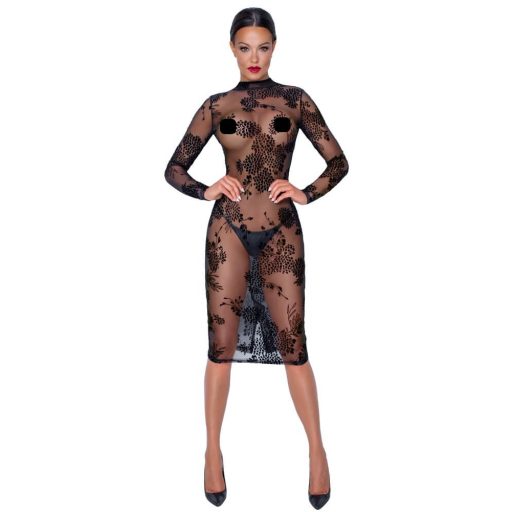 Noir - áttetsző, virágos, hosszúujjú ruha fekete