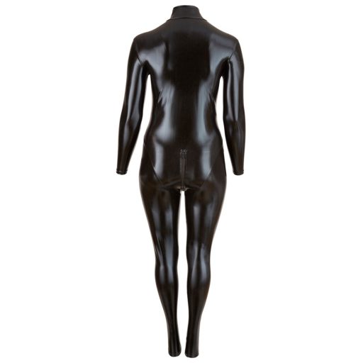 Cottelli Plus Size - fényes hosszúujjú party overál, macskanő jelmez (fekete)