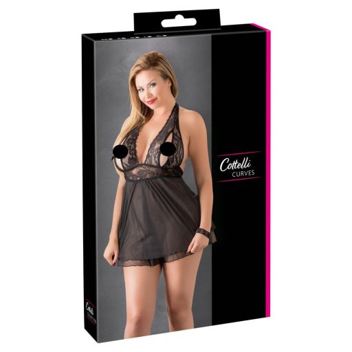 Cottelli Plus Size - csipkés lenge babydoll fekete