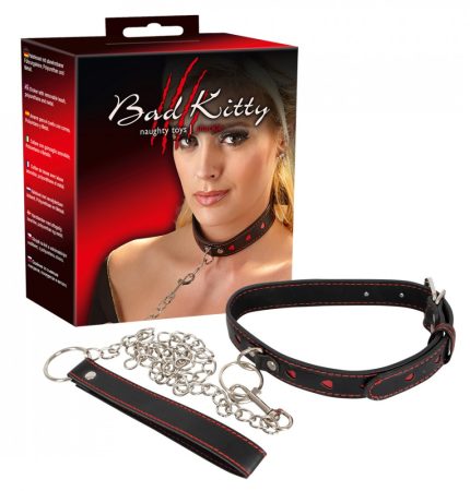 Bad Kitty - szíves nyakörv, fém pórázzal (fekete-piros)
