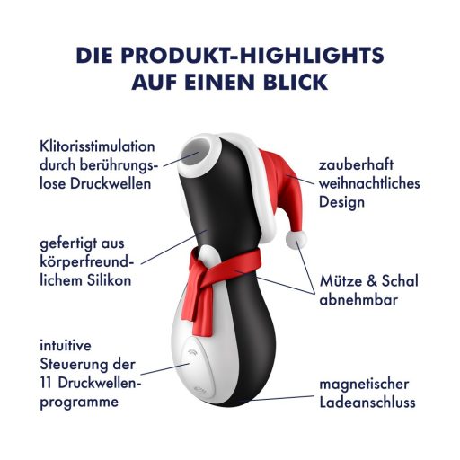 Satisfyer Penguin Holiday Edition - Akkus vízálló léghullámos csiklóizgató vibrátor - 12,5 cm (Fehér-Fekete-Piros)