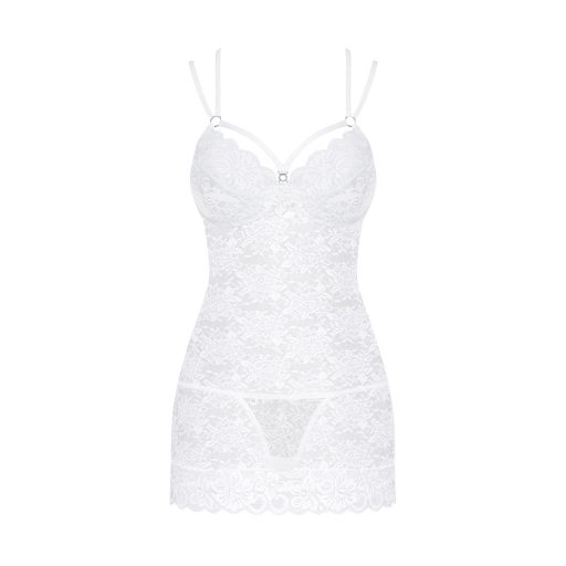 Obsessive pántos, rózsás csipke negligé (fehér) (S/M)