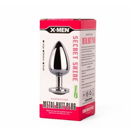 X-MEN Secret Shade - Fém anál plug L - 9,5cm (Ezüst színű-Piros szivecskével)