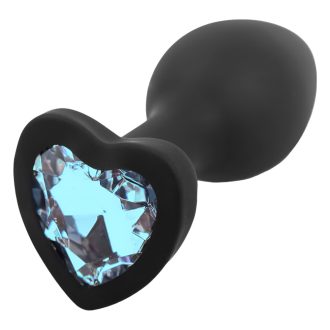   Sunfo - szilikon anál plug szív alakú kék kővel (fekete)
