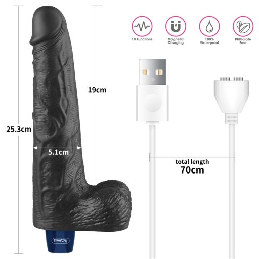 Lovetoy 10" REAL SOFTEE - Újratölthető akkus élethű fekete herés vibrátor - 25cm (Fekete)