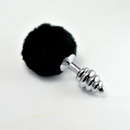 Spiral Pompon Metal Plug Black - Spirálos fém análdugó nyuszifarokkal (Fekete)