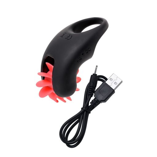 TOYFA EROTIST Mill Újtatölthető vibrációs péniszgyűrű izgató forgó nyelvekkel (piros-fekete)