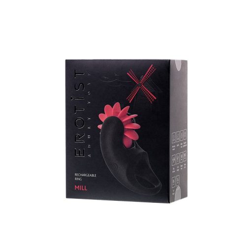 TOYFA EROTIST Mill Újtatölthető vibrációs péniszgyűrű izgató forgó nyelvekkel (piros-fekete)