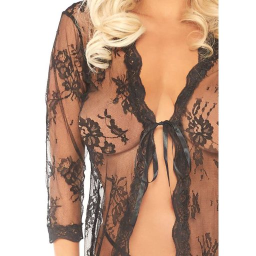Leg Avenue Long csipkeköpeny G-string tangával - fekete - M/L