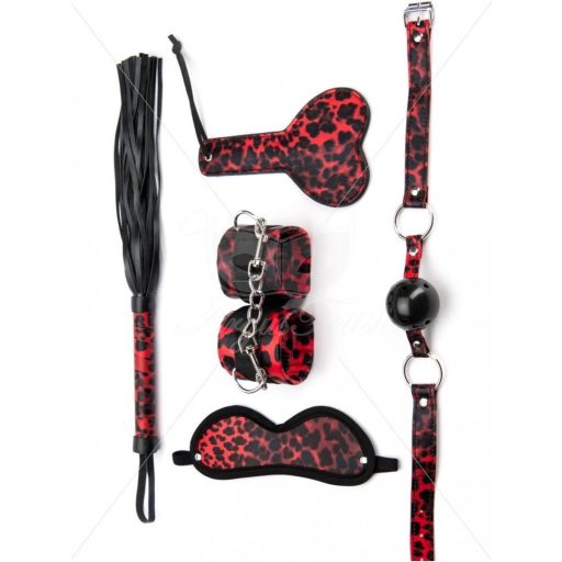 Argus Bondage Fetish 5db-os BDSM kötöző szett - Leopárd mintás (Piros-Fekete)